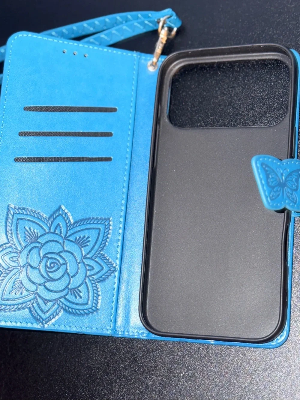 Blue Butterfly Wallet Phone Case with Wrist Strap